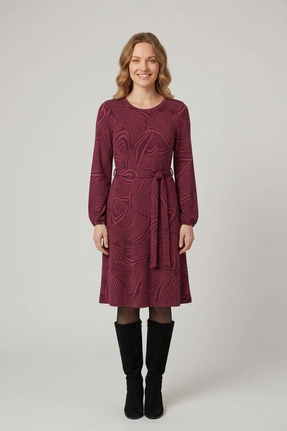 Izabel London Izabel London Women's Abstract Tie Waist A-Line Midi Dress in Purple