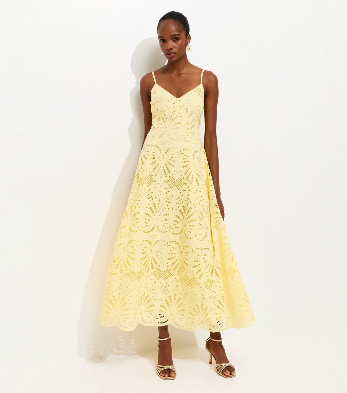 New Look Women's Yellow Cutwork Strappy Midi Dress New Look