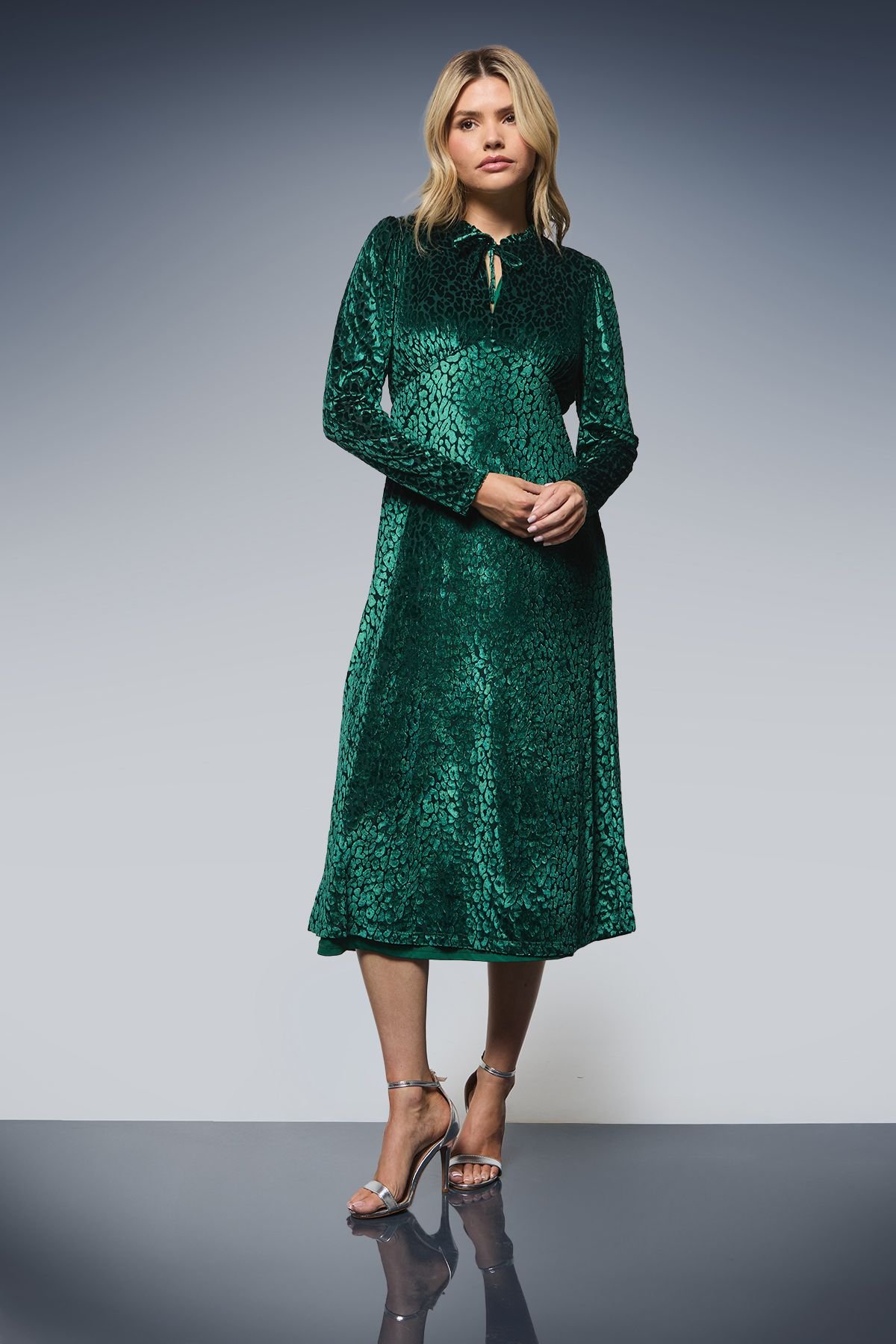 Dorothy Perkins Dorothy Perkins Women's Leopard Burnout Long Sleeve Midi Dress in Green - 2