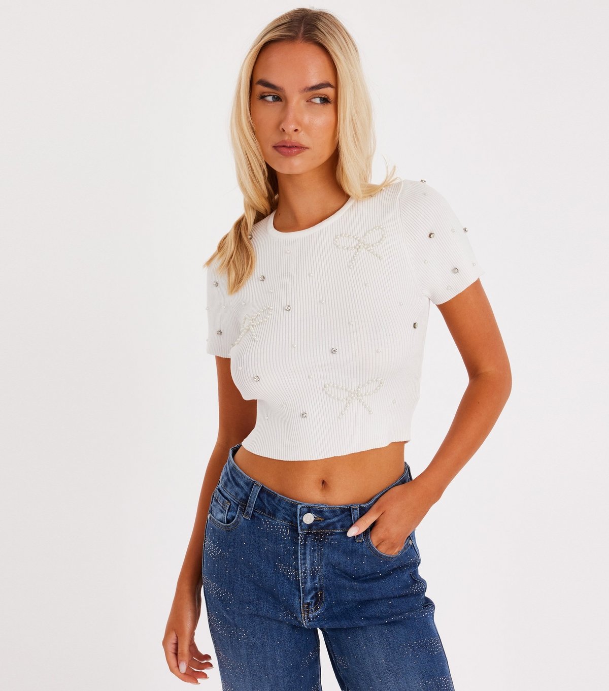 Quiz Women's White Ribbed Faux Pearl Embellished Top Quiz New Look - 1