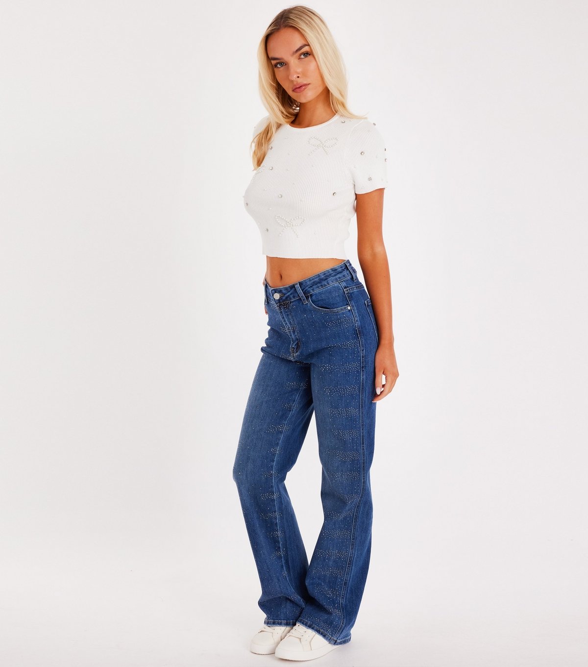 Quiz Women's White Ribbed Faux Pearl Embellished Top Quiz New Look - 2