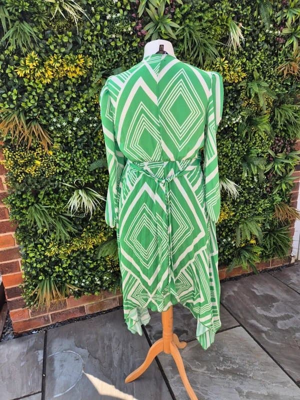 Next Lipsy size 18 green white pleated satin hanky hem dress