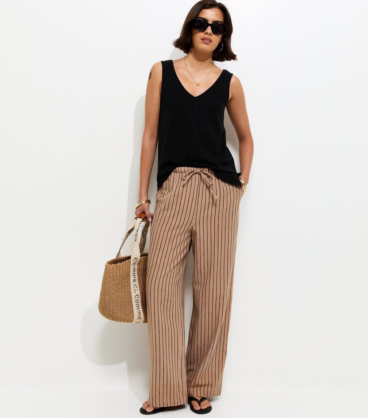 New Look Women's Brown Cotton Striped Wide Leg Trousers New Look