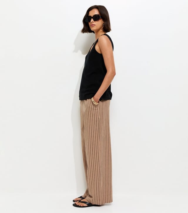 New Look Women's Brown Cotton Striped Wide Leg Trousers New Look - 2