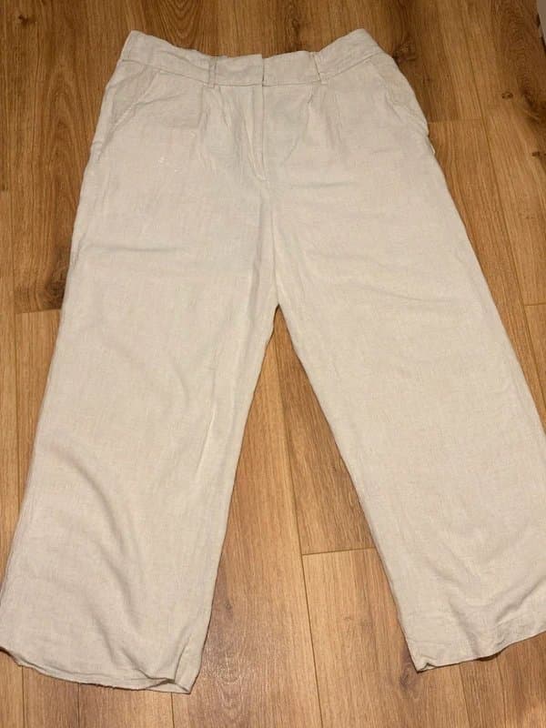F&F F&F Cream Linen Wide Leg Trousers Pleat Front - Size 16