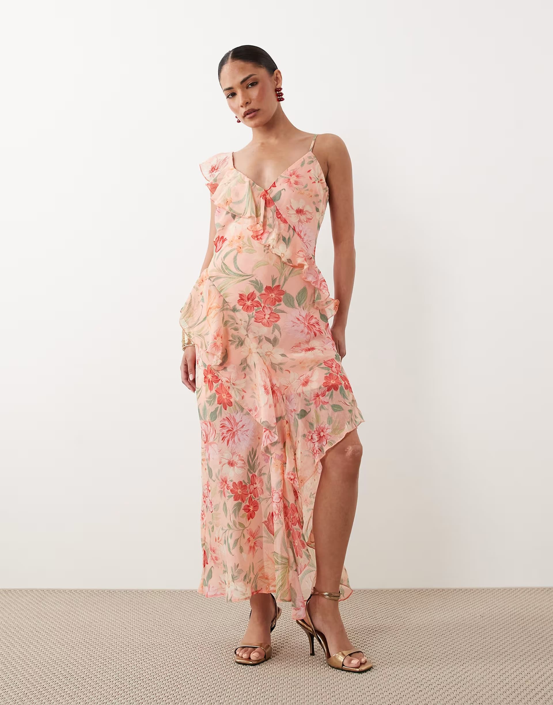 ASOS New Look Petite floral asymmetric chiffon midi dress in pink