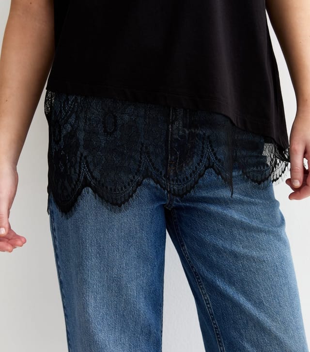 New Look Women's Black Cotton Scalloped Lace T-Shirt New Look - 2
