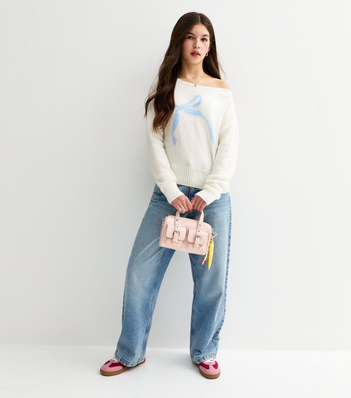 New Look Girls' Cream Slash Neck Bow Jumper New Look - 3