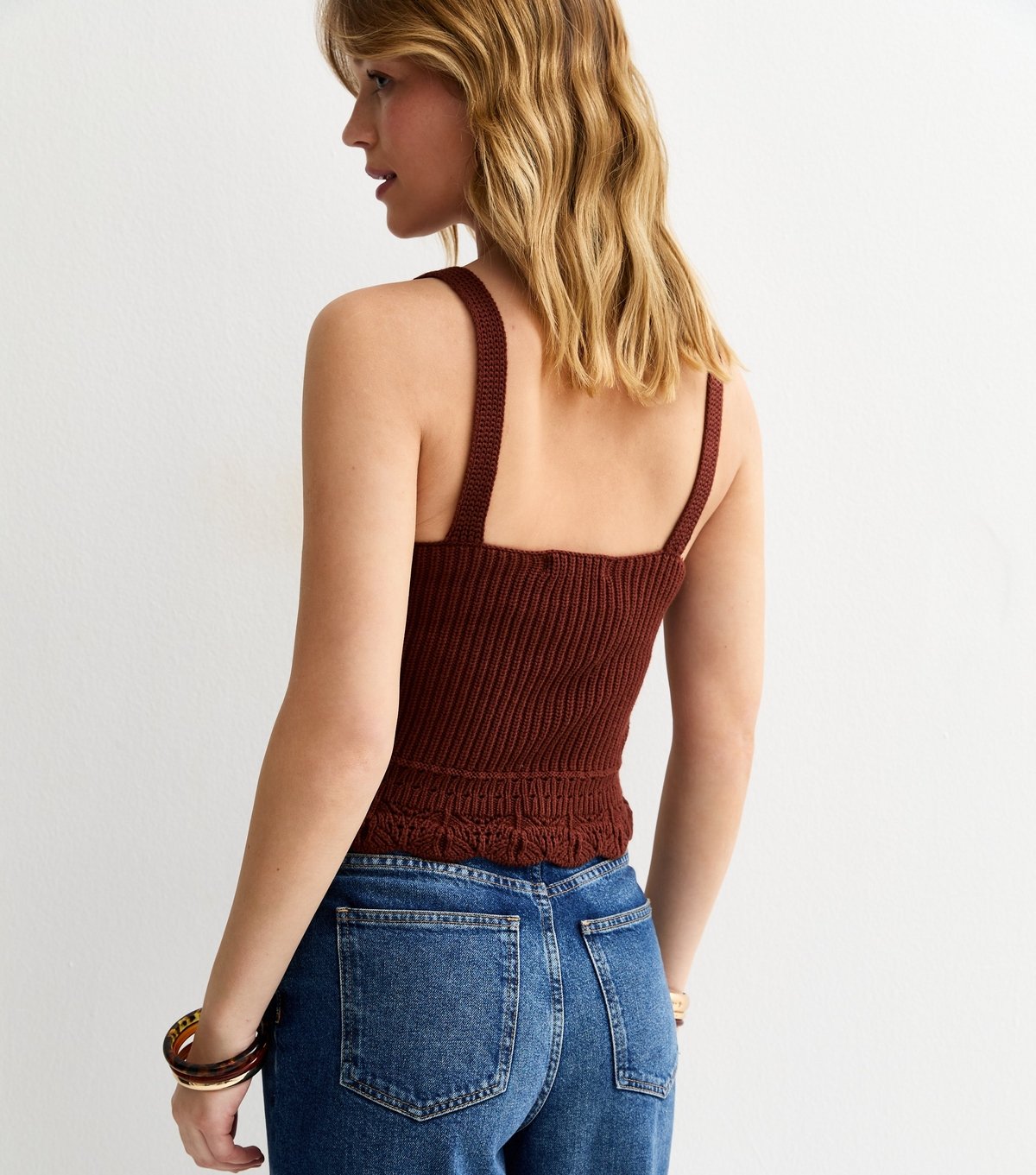 New Look Women's Brown Cotton Rich Ribbed V Neck Vest New Look - 4