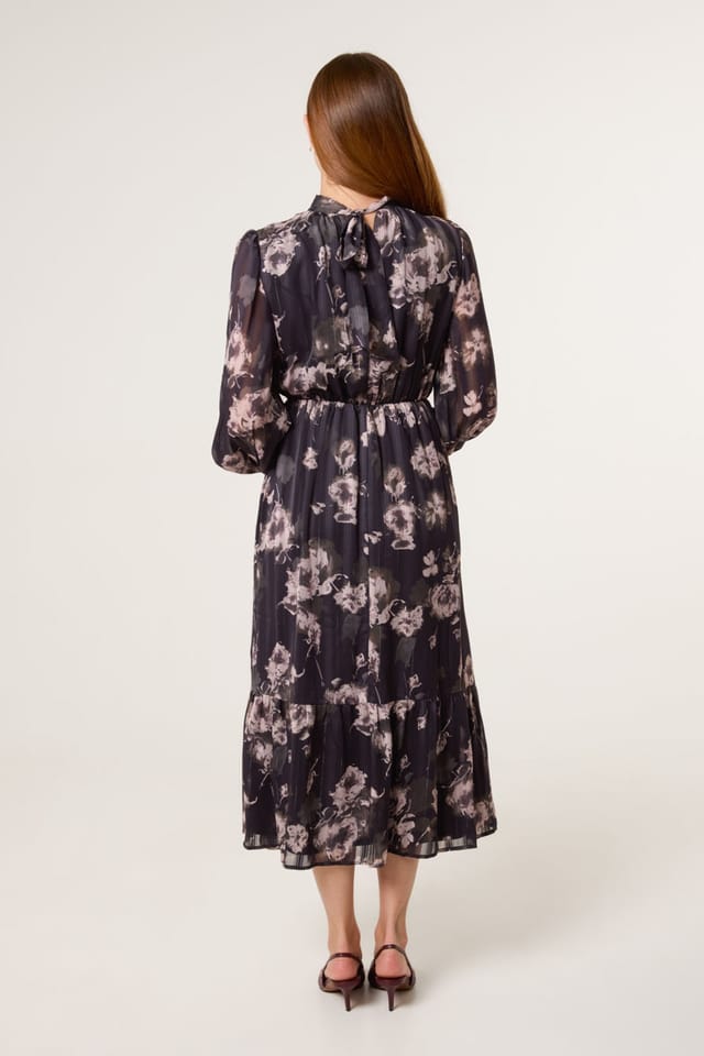 Blue Vanilla Blue Vanilla Women's Black High Neck Floral Puffball Pleated Midi Dress - 2