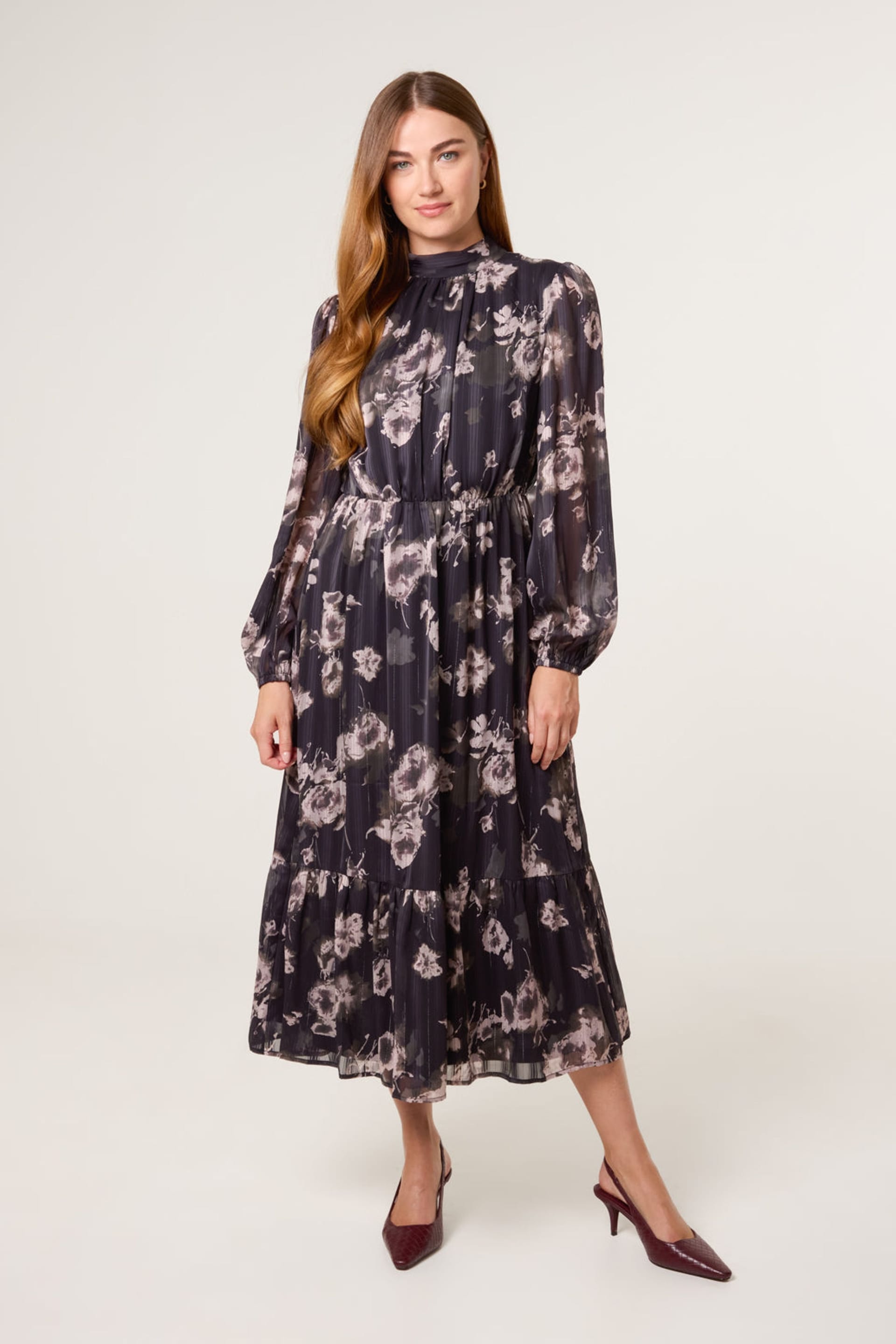 Blue Vanilla Blue Vanilla Women's Black High Neck Floral Puffball Pleated Midi Dress - 4
