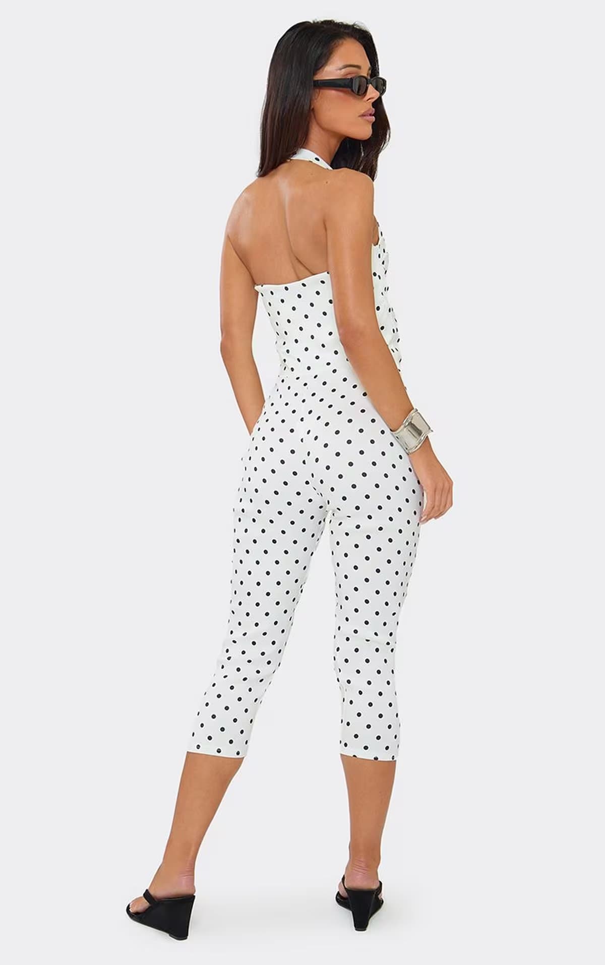 EGO Halterneck Corset Detail Capri Jumpsuit In White Polka Dot, Women's Size UK 4