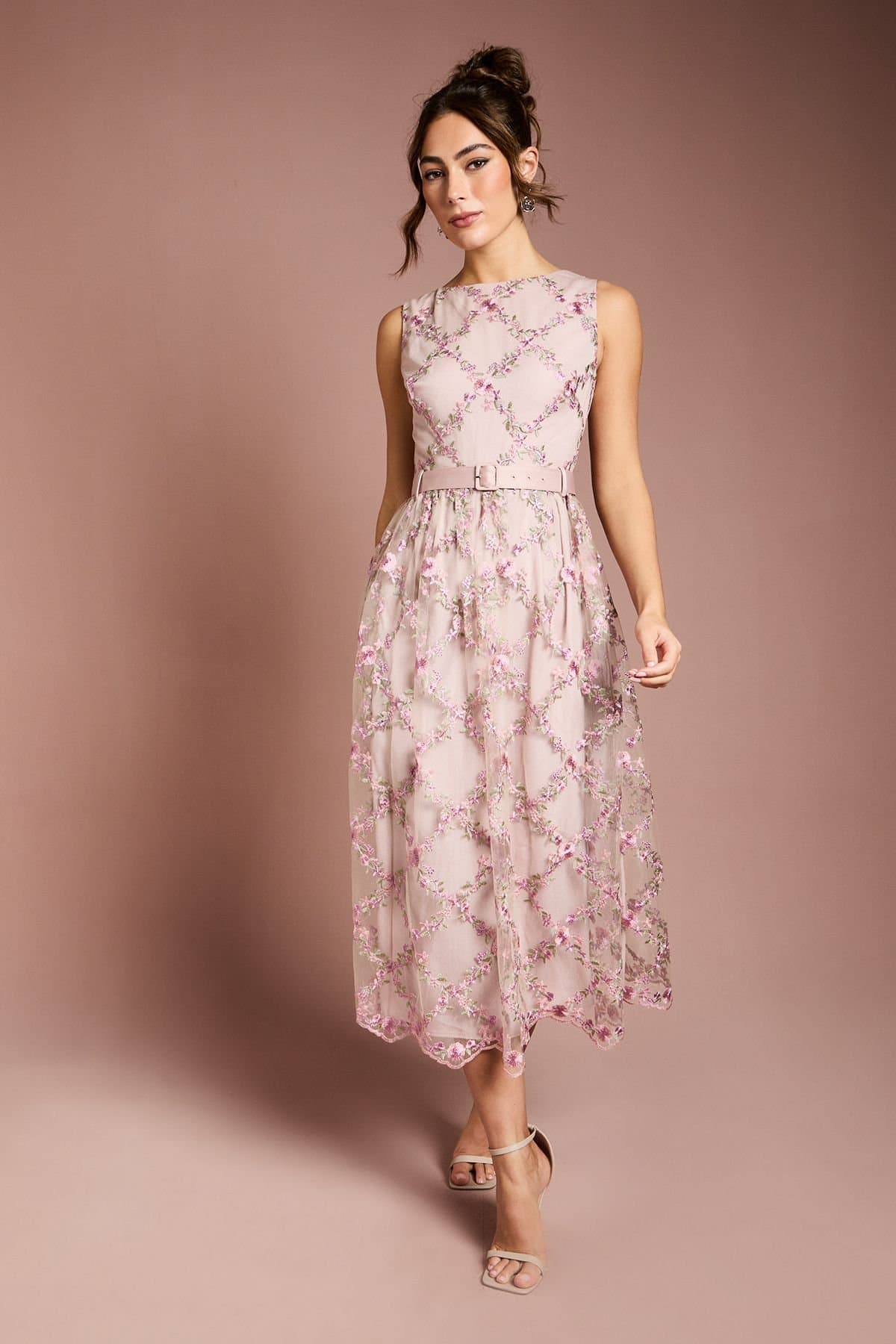 Coast Coast Women's Metallic Floral Embroidered Mesh Midi Dress in Blush