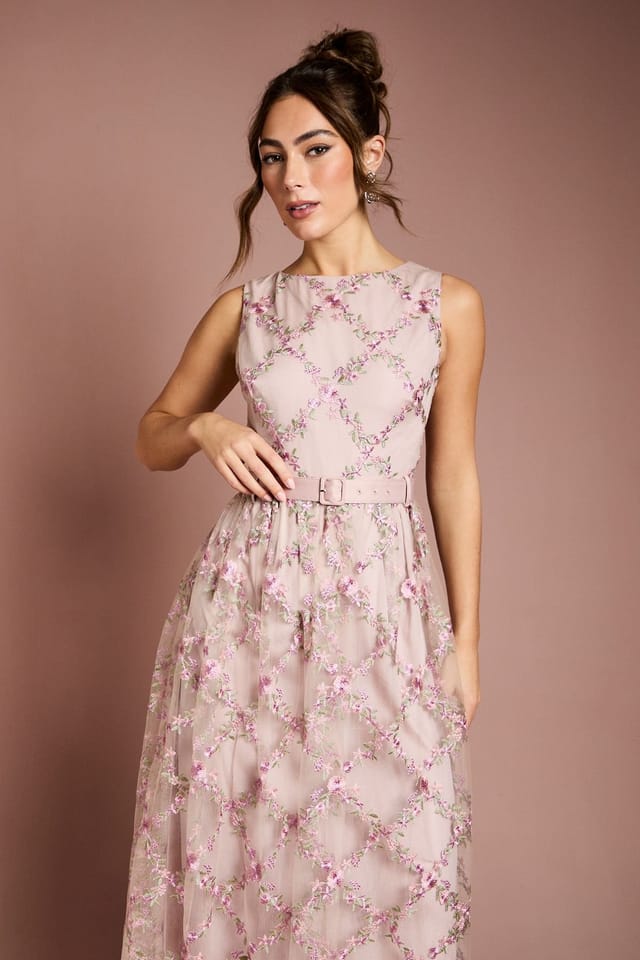 Coast Coast Women's Metallic Floral Embroidered Mesh Midi Dress in Blush - 2