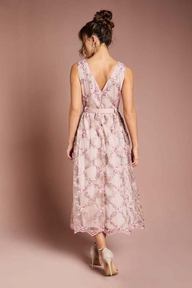 Coast Coast Women's Metallic Floral Embroidered Mesh Midi Dress in Blush - 3