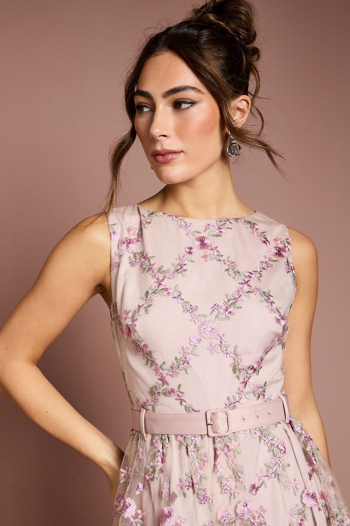 Coast Coast Women's Metallic Floral Embroidered Mesh Midi Dress in Blush - 4