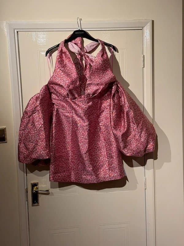 ASOS Asos Luxe Halter Neck Mini Dress with Puff Sleeves In Pink Animal Print