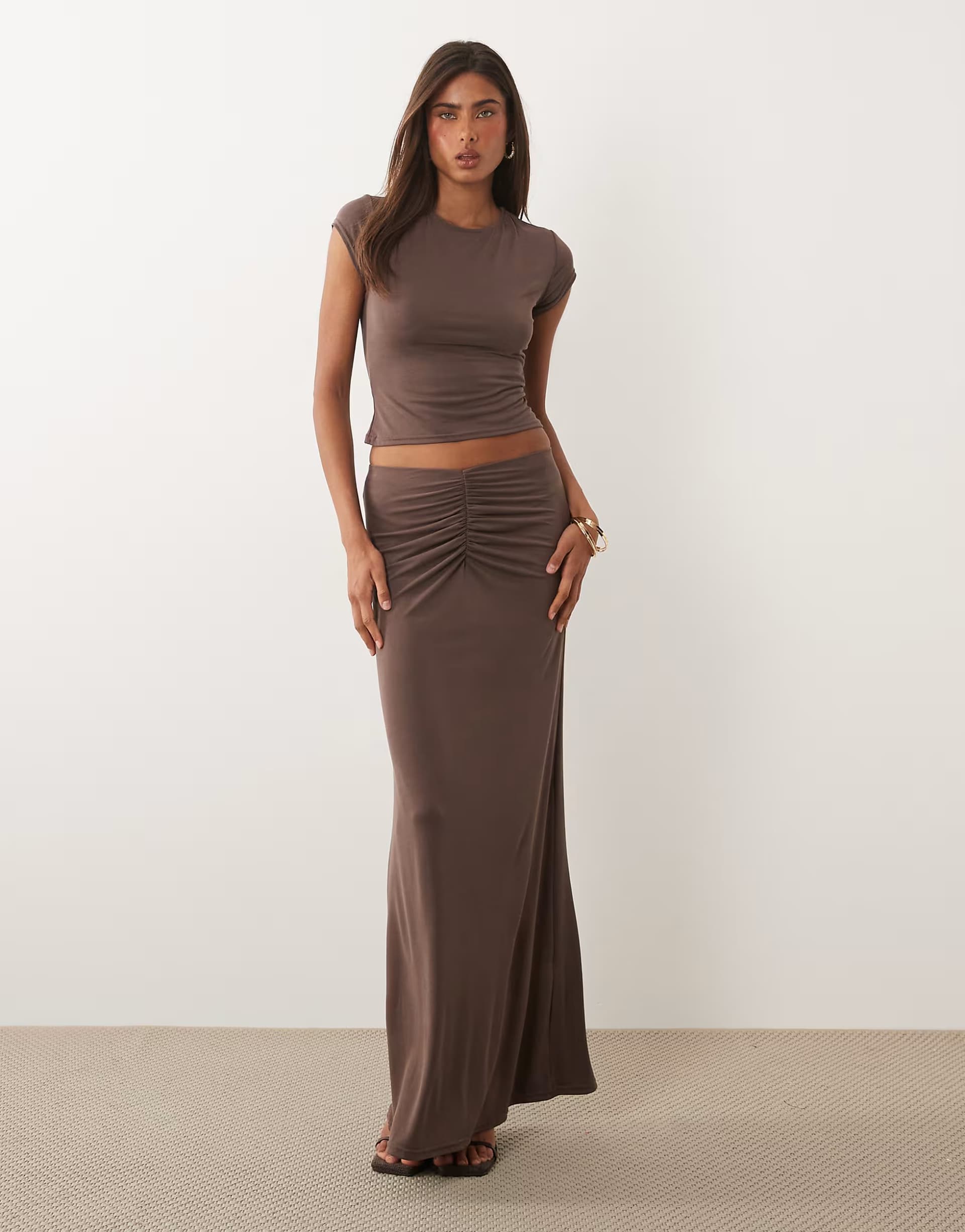ASOS Missyempire cap sleeve cropped baby tee and ruched front detail maxi skirt co-ord in chocolate