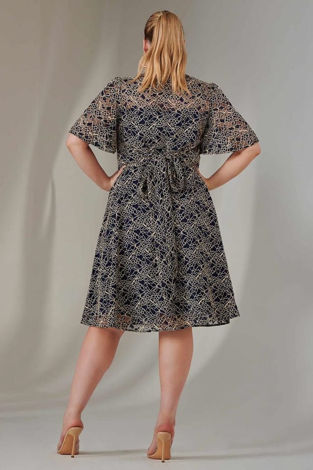 Jolie Moi Jolie Moi Women's Flare Sleeved Lace Midi Dress in Mid Navy - 2