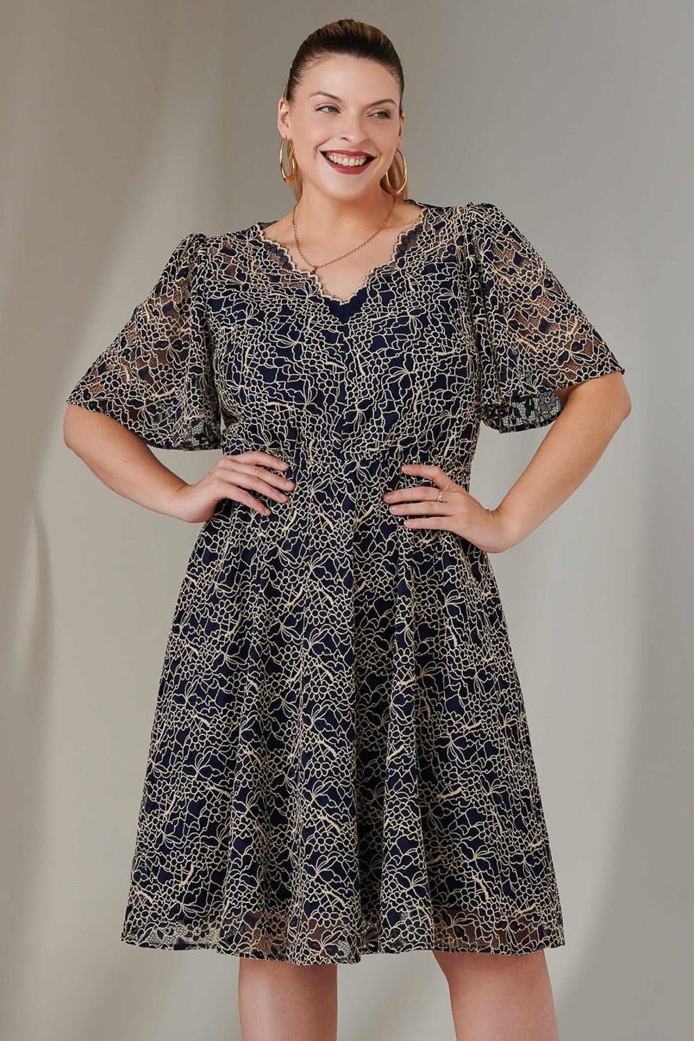 Jolie Moi Jolie Moi Women's Flare Sleeved Lace Midi Dress in Mid Navy - 3