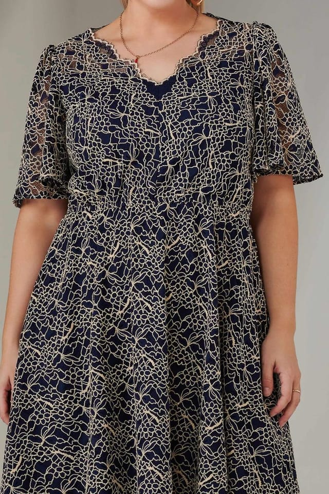 Jolie Moi Jolie Moi Women's Flare Sleeved Lace Midi Dress in Mid Navy - 3