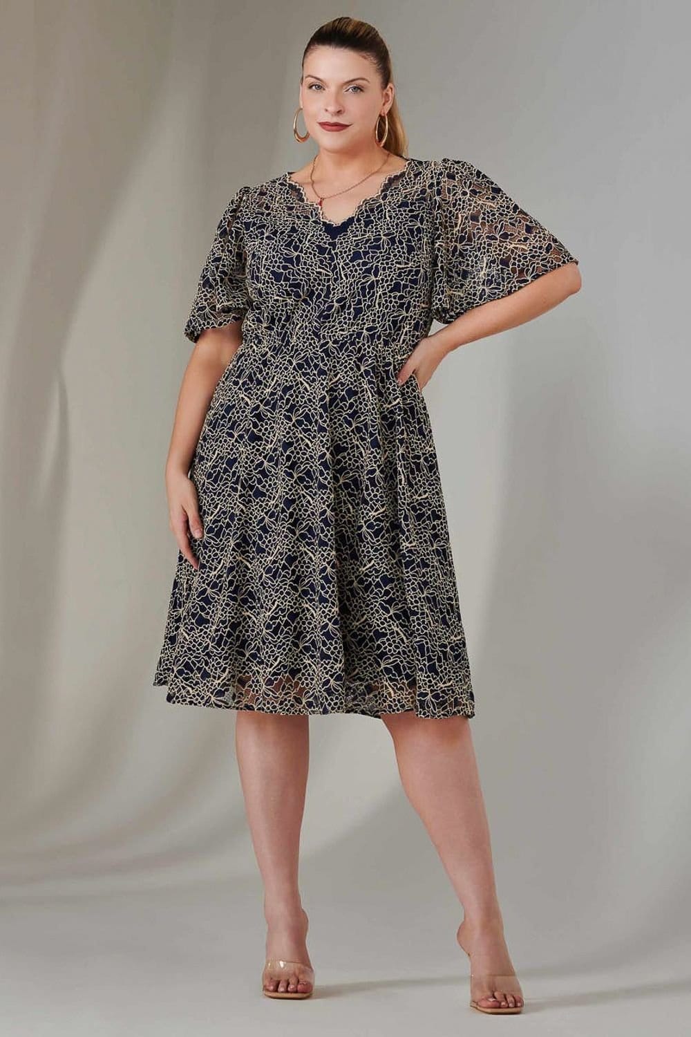 Jolie Moi Jolie Moi Women's Flare Sleeved Lace Midi Dress in Mid Navy - 4