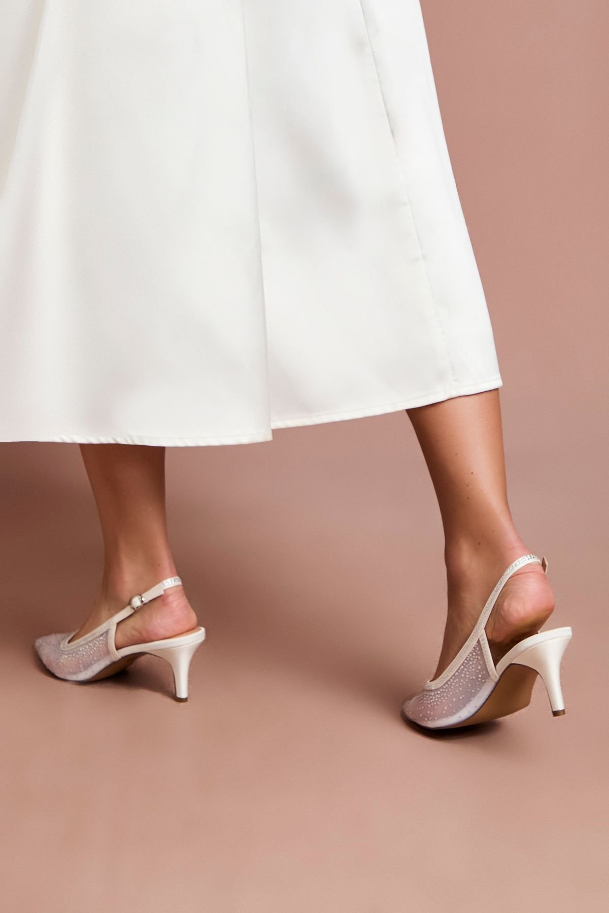 Coast Coast Women's Bridal Sara Mesh Diamante Kitten Heel Slingback Court Shoes in White - 3