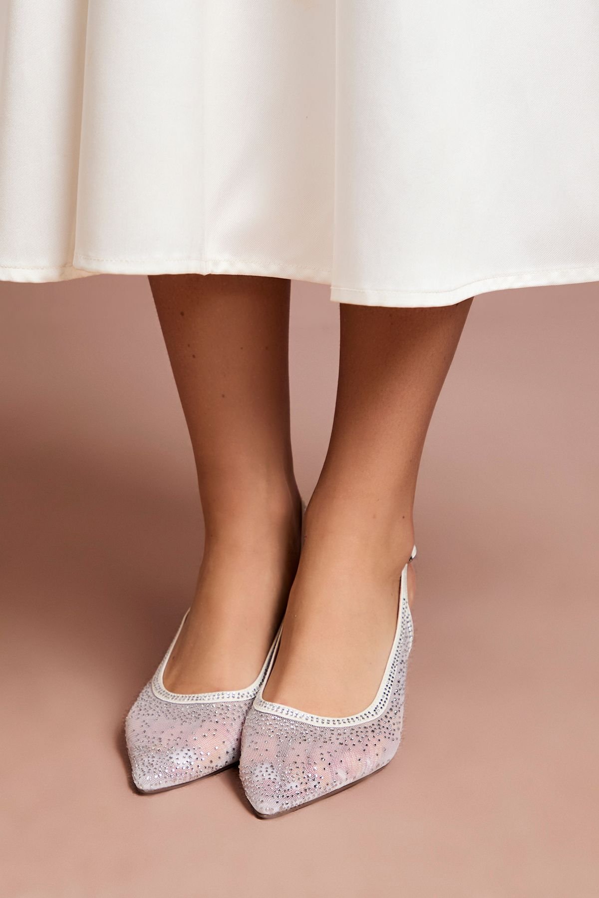 Coast Coast Women's Bridal Sara Mesh Diamante Kitten Heel Slingback Court Shoes in White - 4