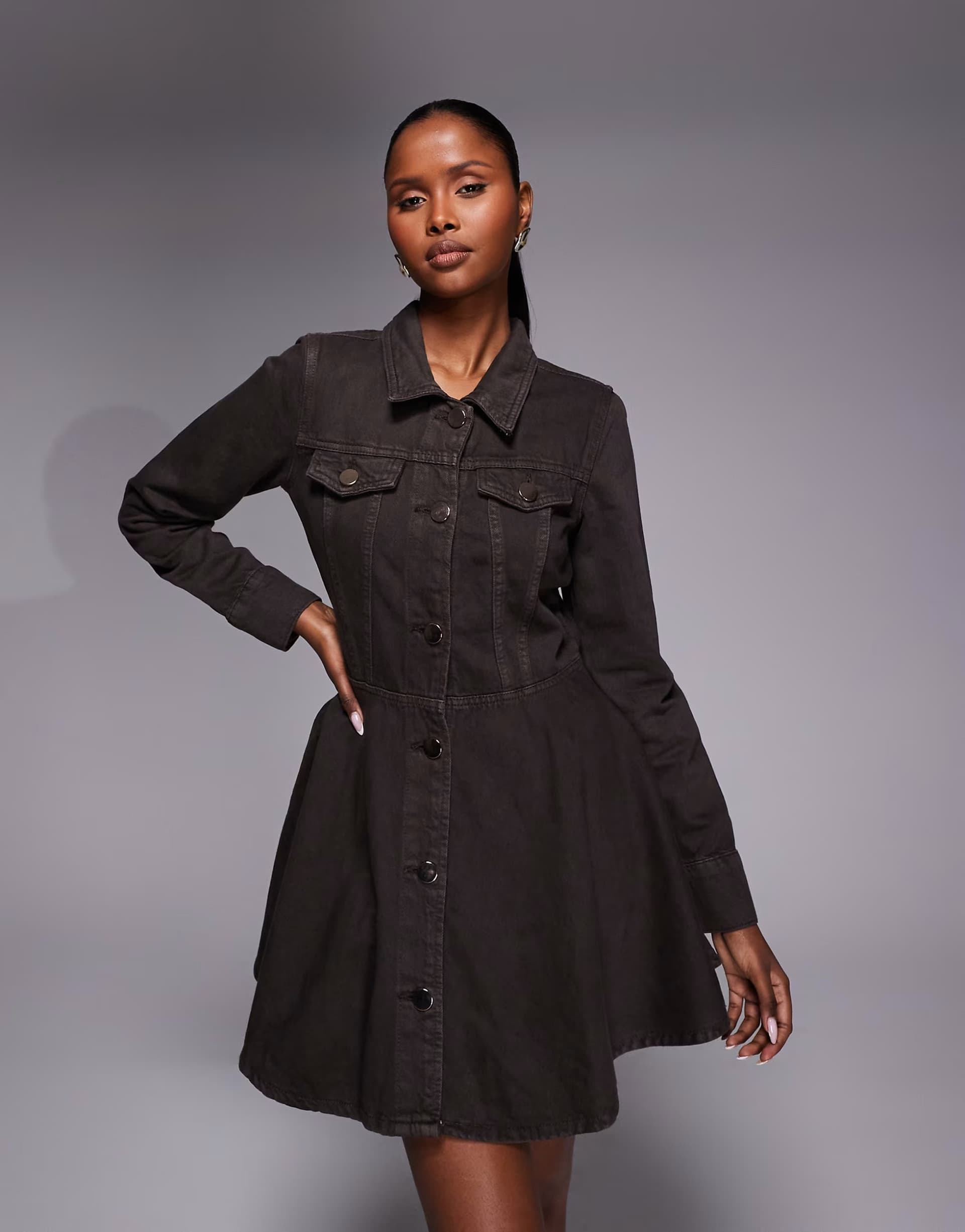 ASOS River Island pleated denim long sleeved mini dress in dark brown
