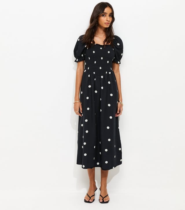 New Look Women's Black Polka Dot Shirred Midi Dress New Look - 2