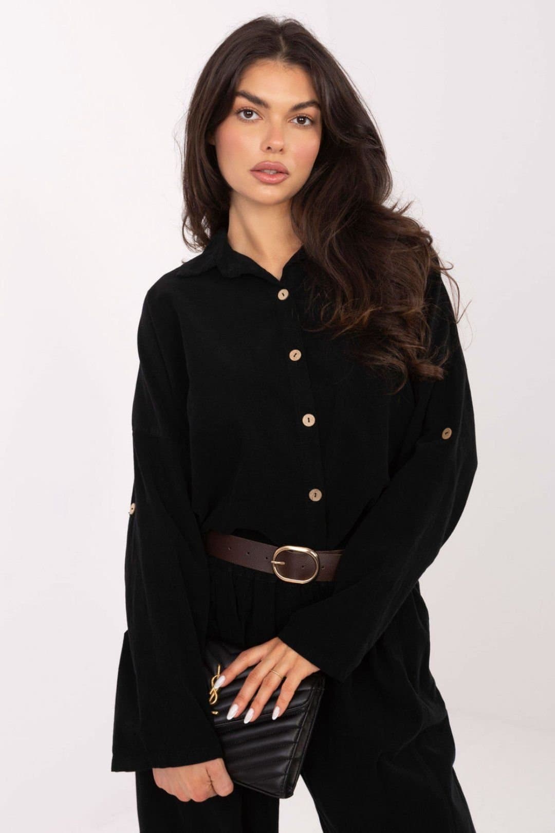 Love Lace Love Lace Women's Soft Corduroy Button Up Long Sleeve Shirt in Black