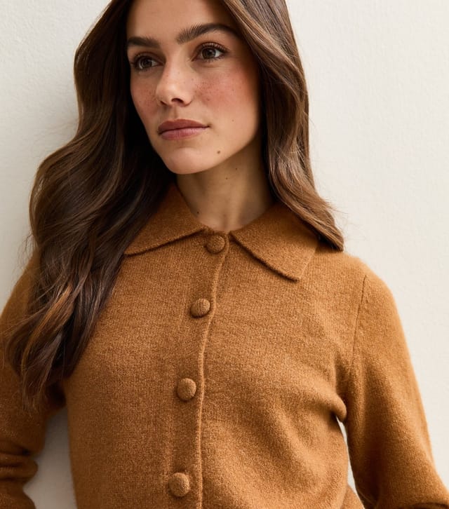 New Look Women's Petite Tan Midweight Knit Collared Button Cardigan New Look - 2