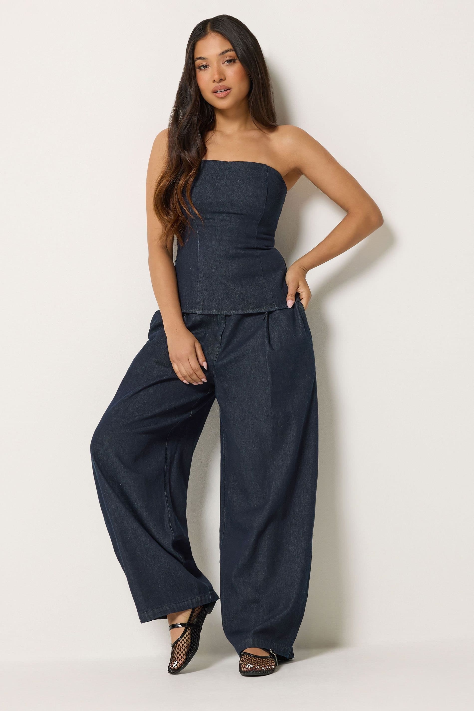 PixieGirl PixieGirl Women's Petite Denim Bandeau Top & Wide Leg Trousers in Blue