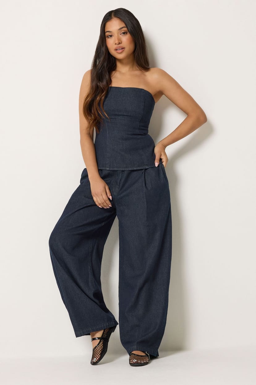 PixieGirl PixieGirl Women's Petite Denim Bandeau Top & Wide Leg Trousers in Blue - 1