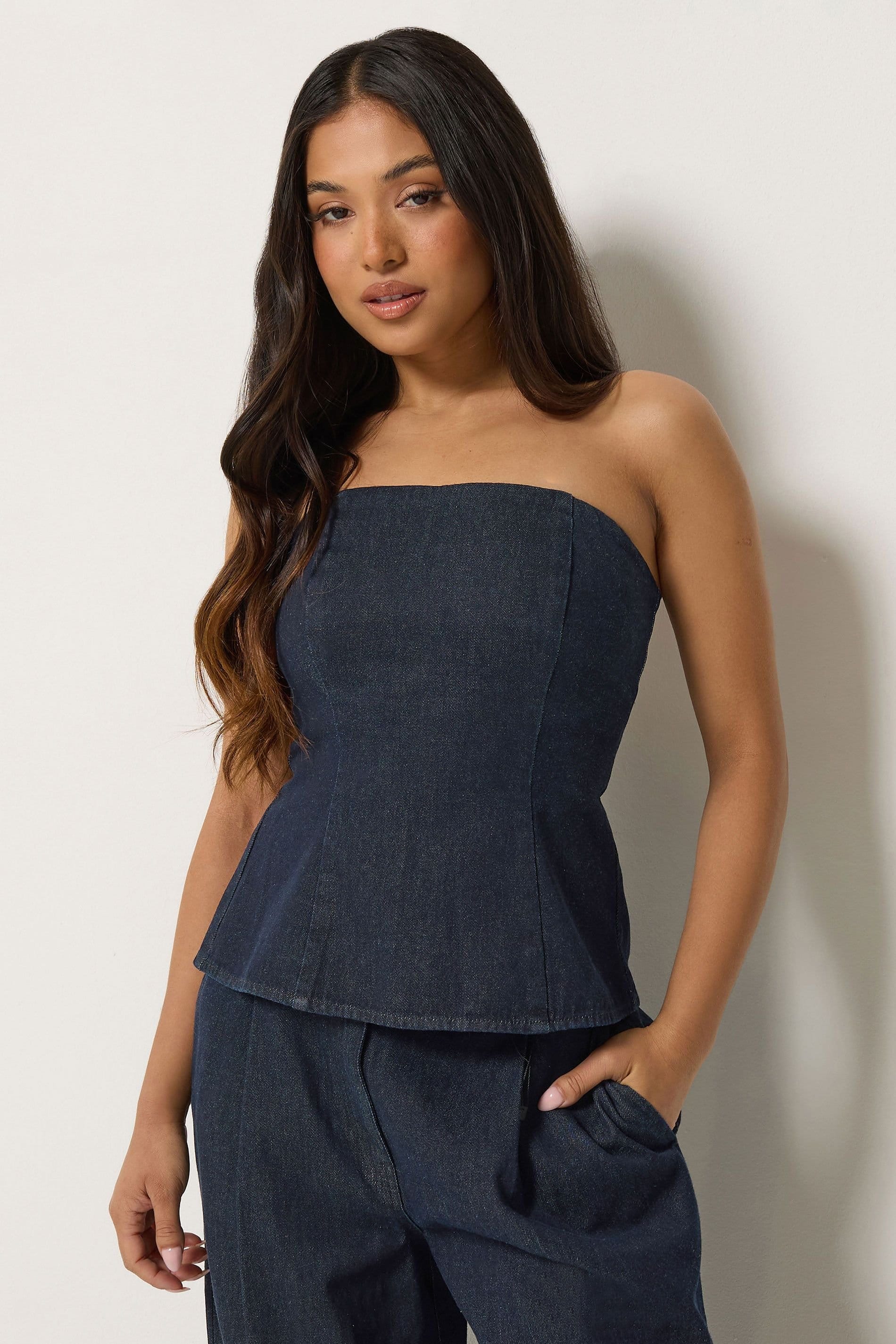 PixieGirl PixieGirl Women's Petite Denim Bandeau Top & Wide Leg Trousers in Blue - 4