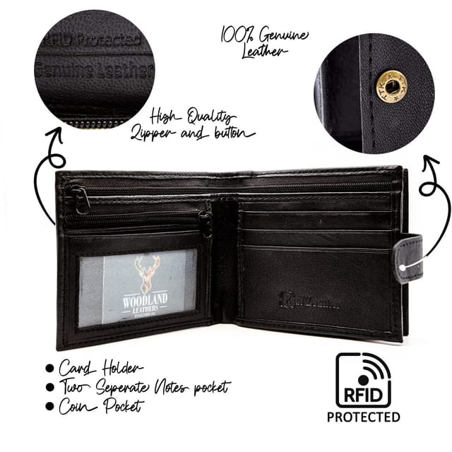 Woodland Leathers Woodland Leathers Men's Men's RFID Leather Wallet with Zip Coin Pocket in Black - 3