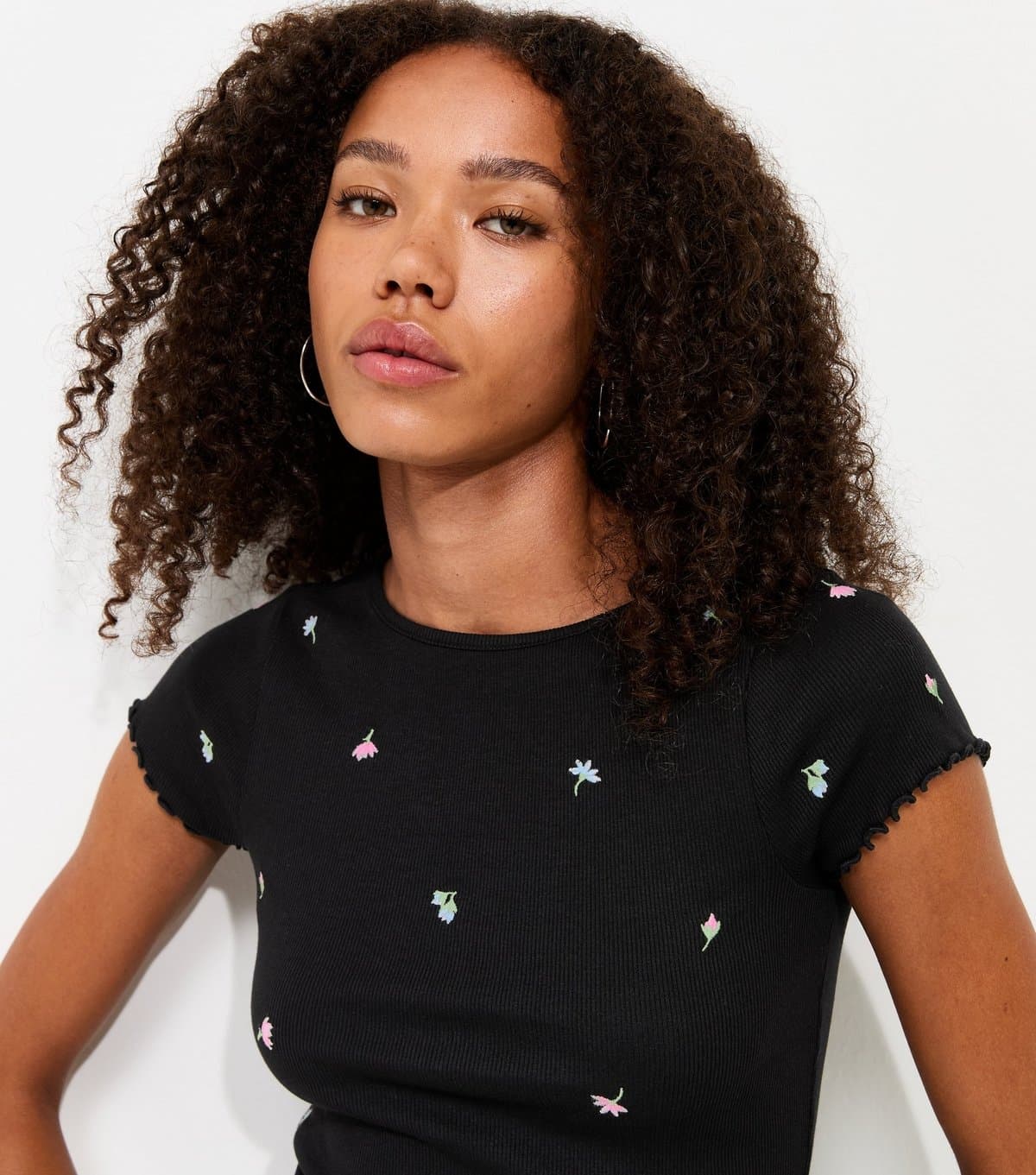 New Look Women's Black Cotton Rich Floral Embroidered Short Sleeve Babylock T-Shirt New Look