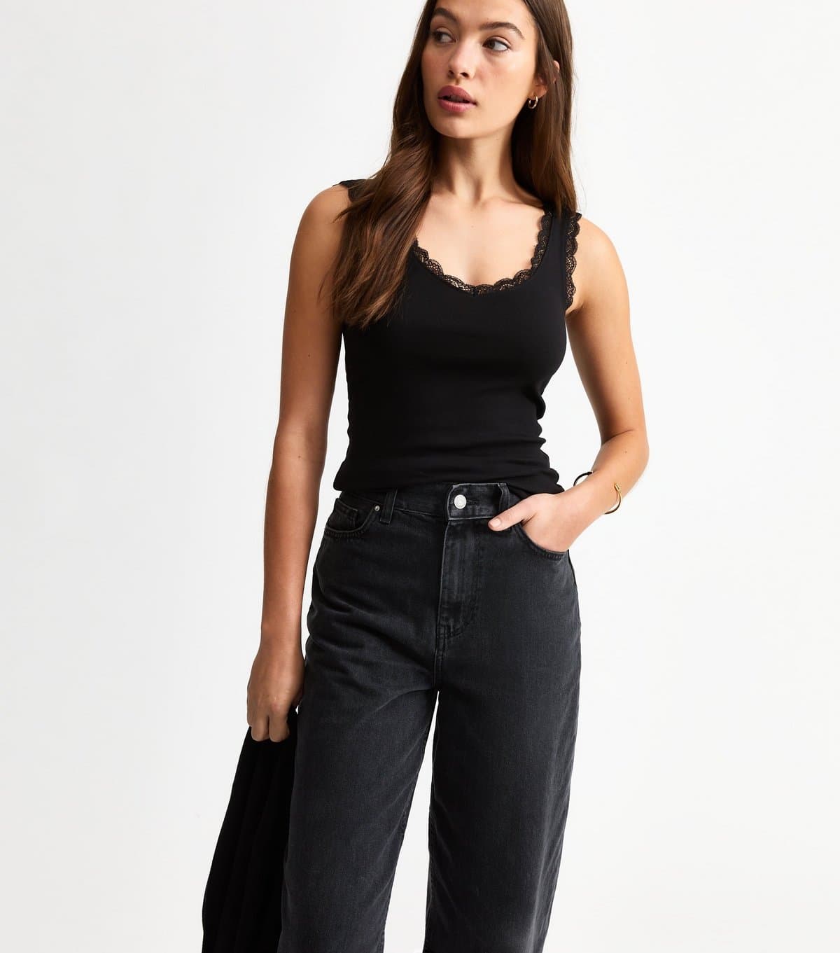 New Look Women's Black Lace Trimmed Jersey Vest New Look