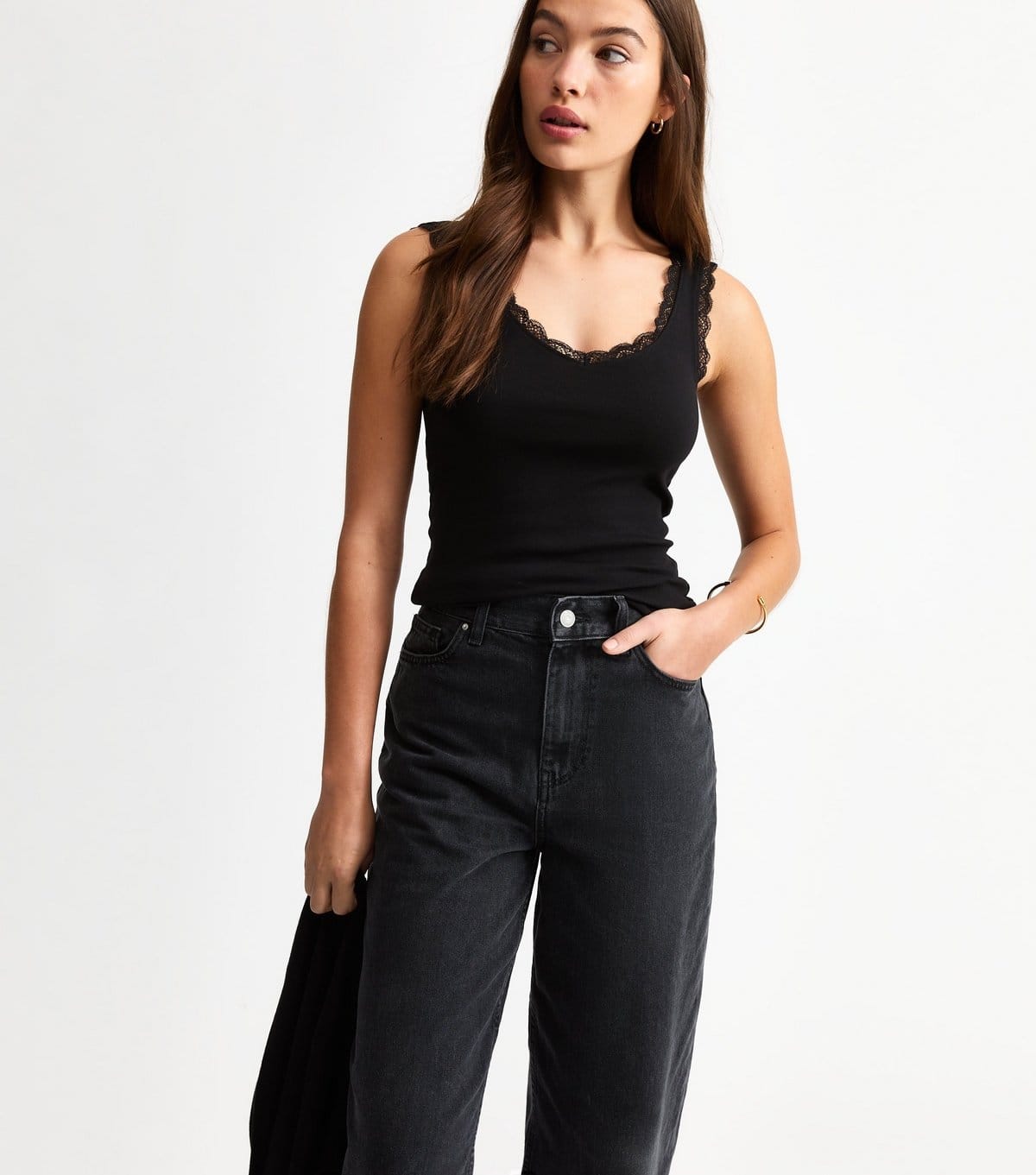 Women's Black Lace Trimmed Jersey Vest New Look