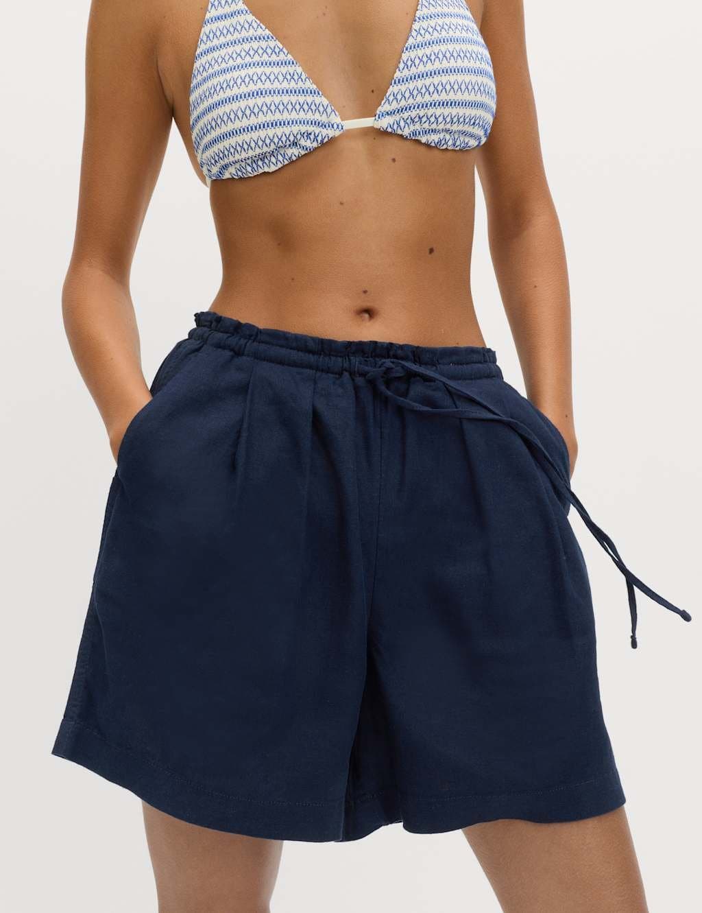 Marks & Spencer M&S Navy Linen-Rich High Waisted Shorts