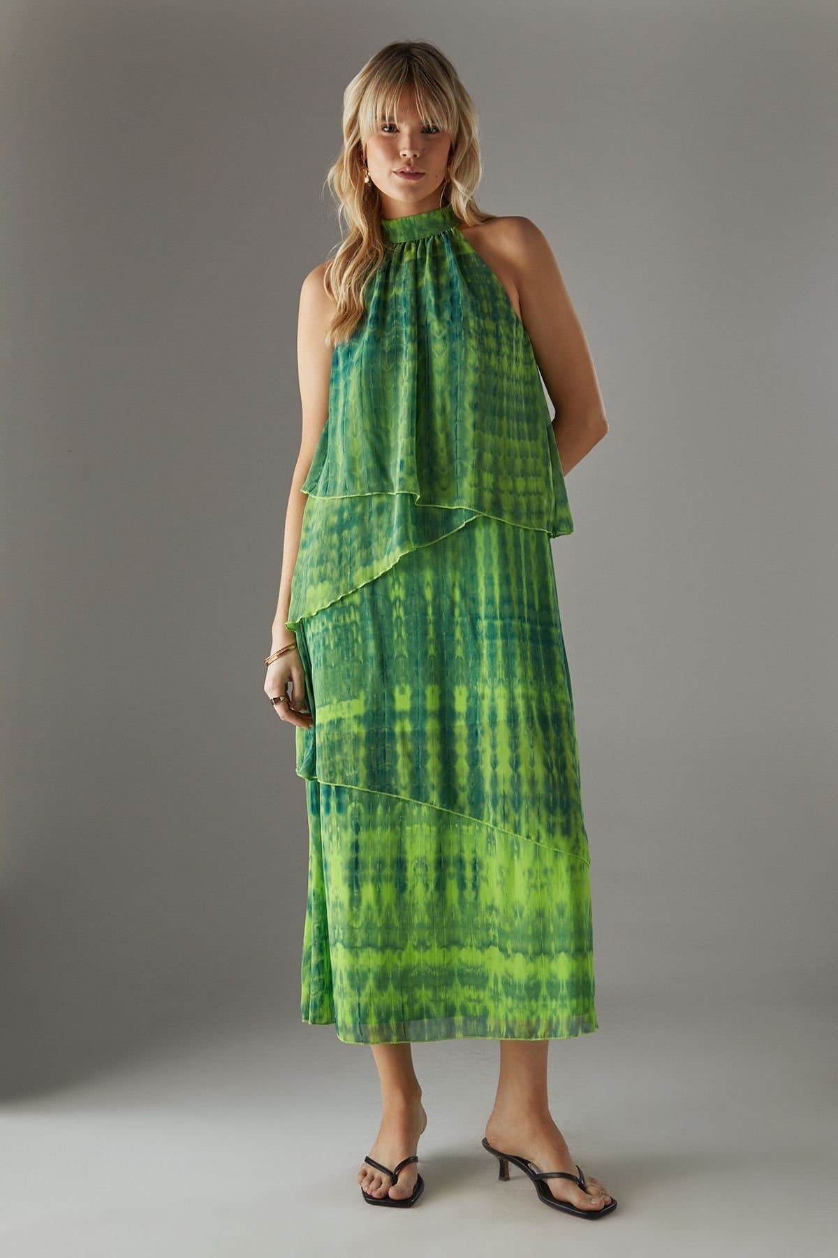 Warehouse Warehouse Women's Chiffon Halter Ruffle Layer Maxi Dress in Green