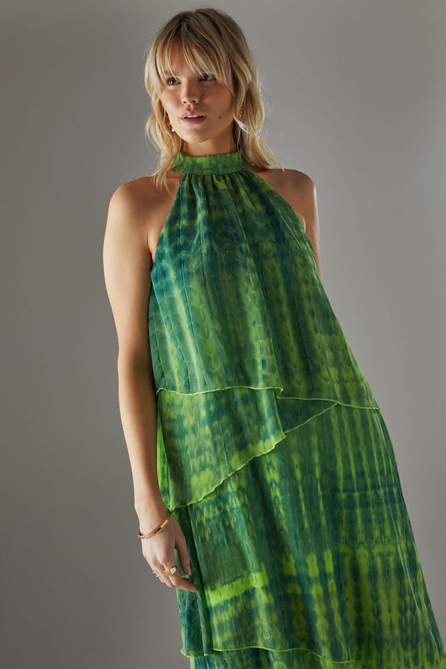 Warehouse Warehouse Women's Chiffon Halter Ruffle Layer Maxi Dress in Green - 2