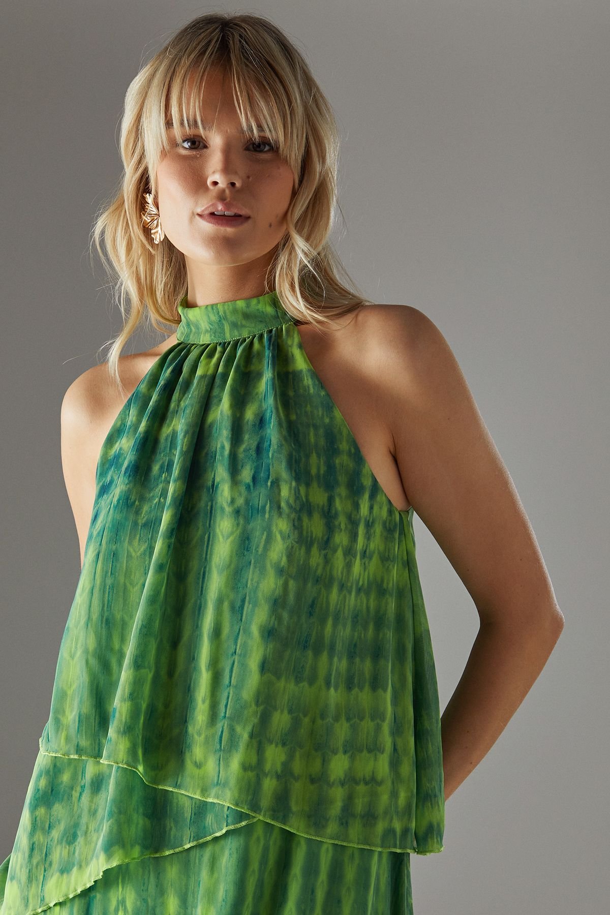 Warehouse Warehouse Women's Chiffon Halter Ruffle Layer Maxi Dress in Green - 3