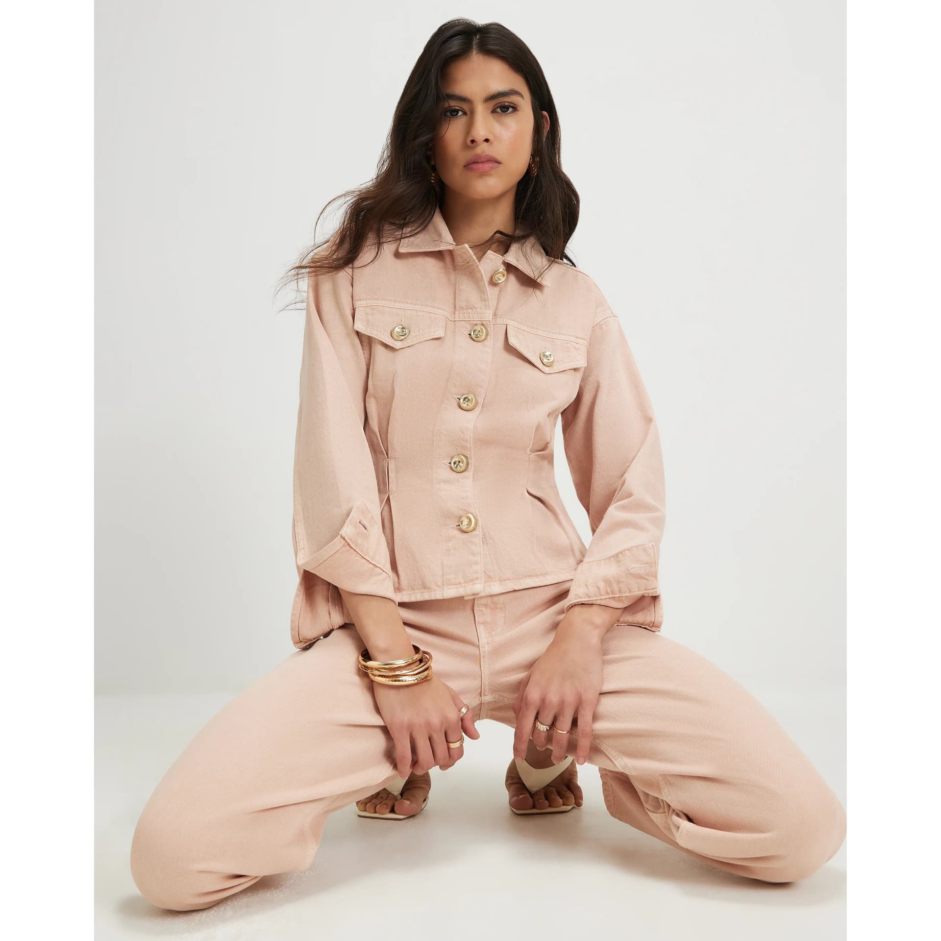 River Island River Island Womens Pink Waisted Button Detail Denim Jacket