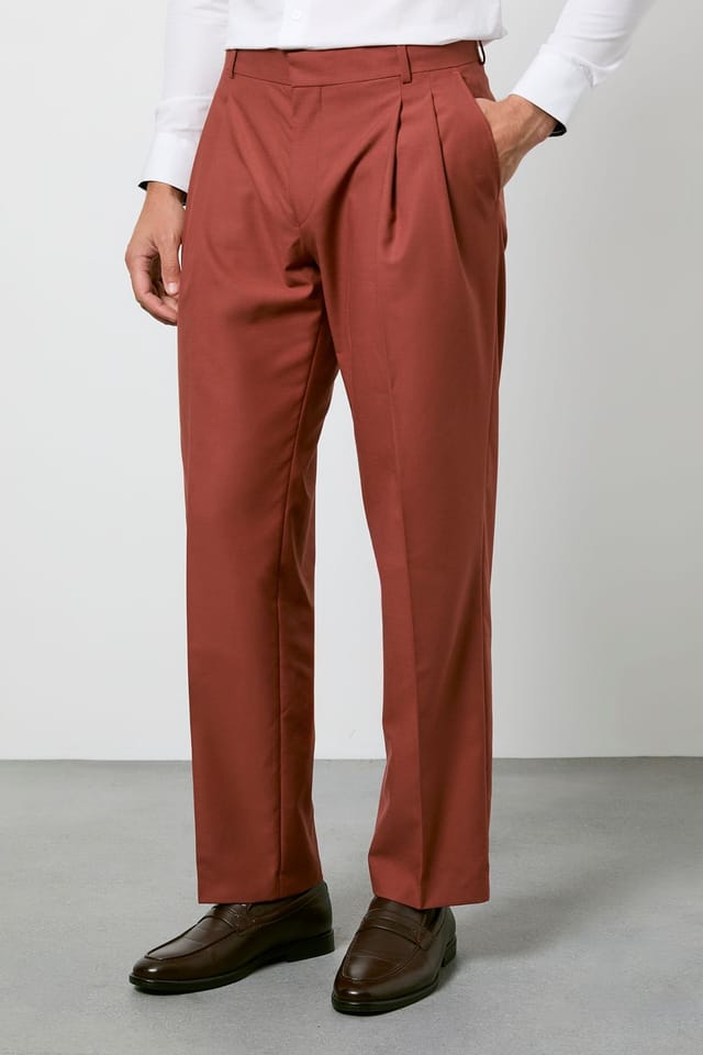 Burton Burton Men's Rust Pleated Relaxed Fit Suit Trouser - 2