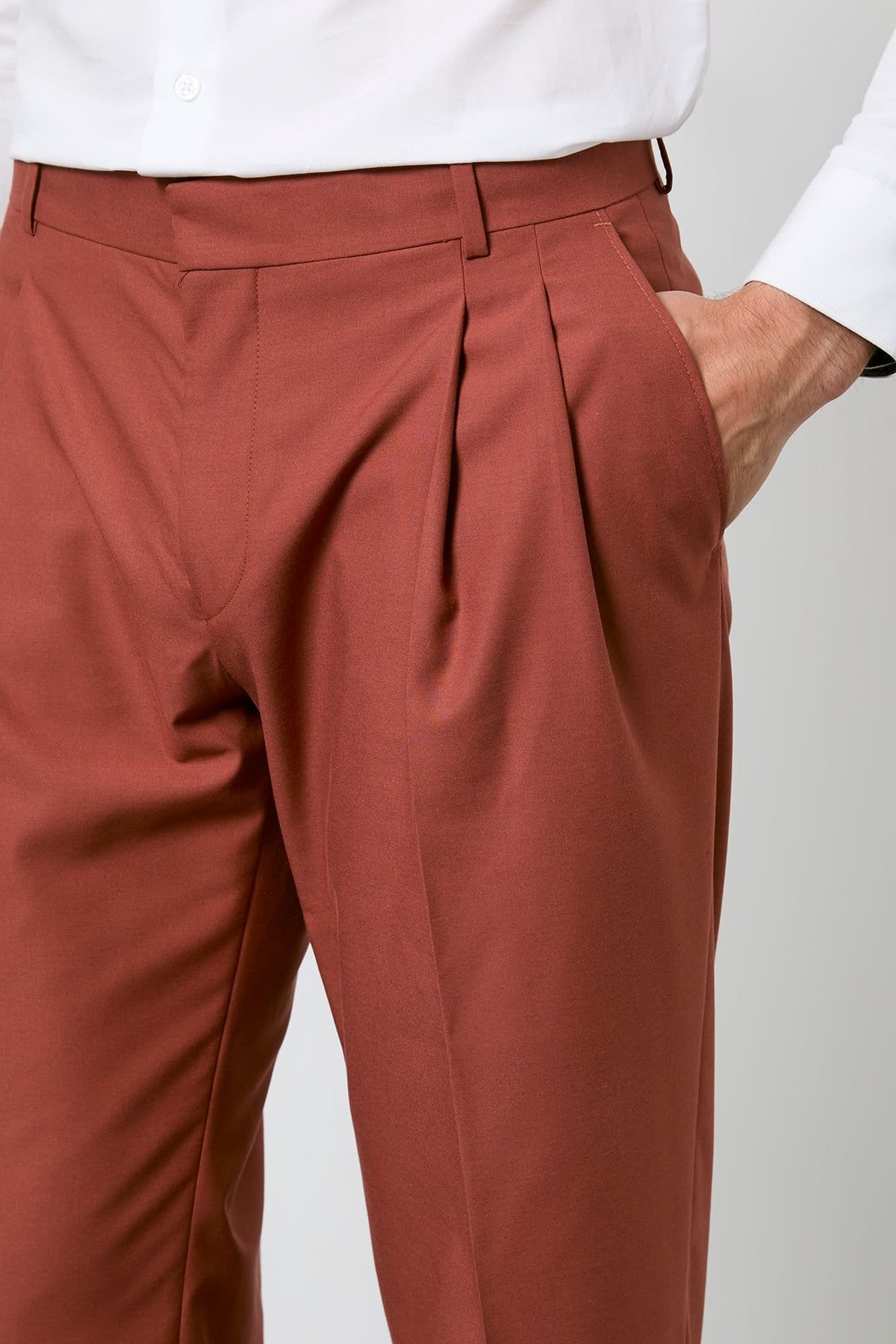 Burton Burton Men's Rust Pleated Relaxed Fit Suit Trouser - 4
