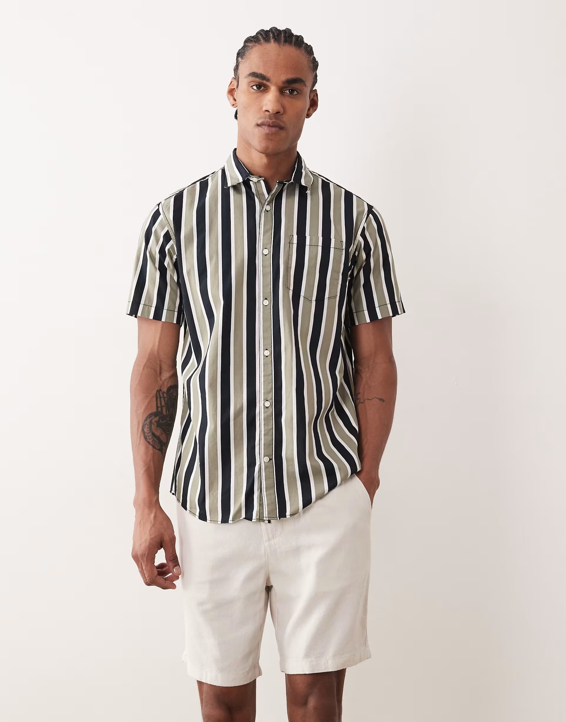 ASOS Jack & Jones Khaki & Black Stripe Short Sleeve Shirt