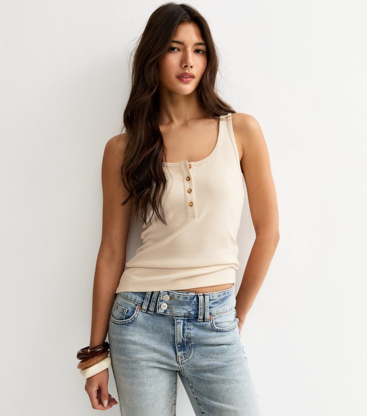 New Look Women's Cream Henley Button Front Vest Top New Look