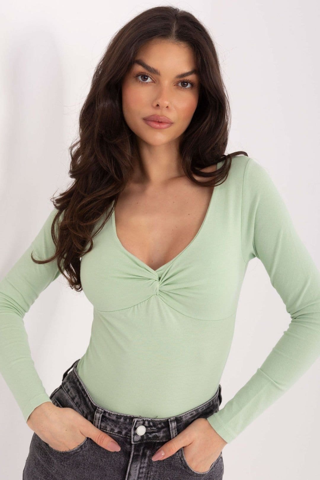 Love Lace Love Lace Women's Fitted Long Sleeve Cotton Elastane Blouse V Neck in Green - 4
