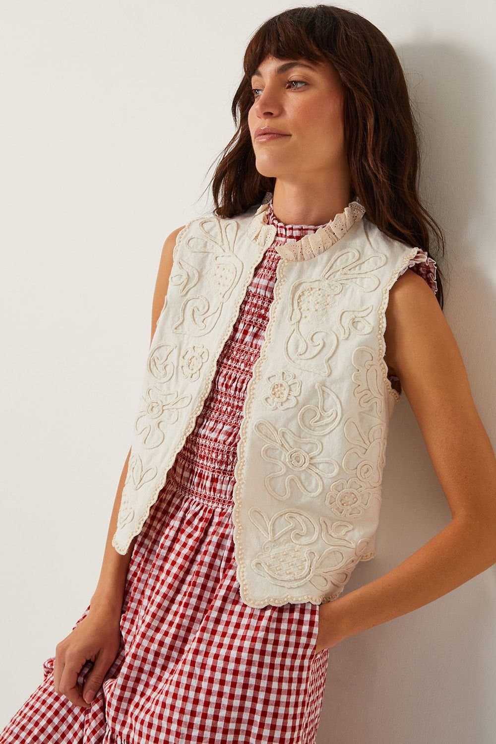 Monsoon Monsoon Women's Mali Floral Embroidered Waistcoat White